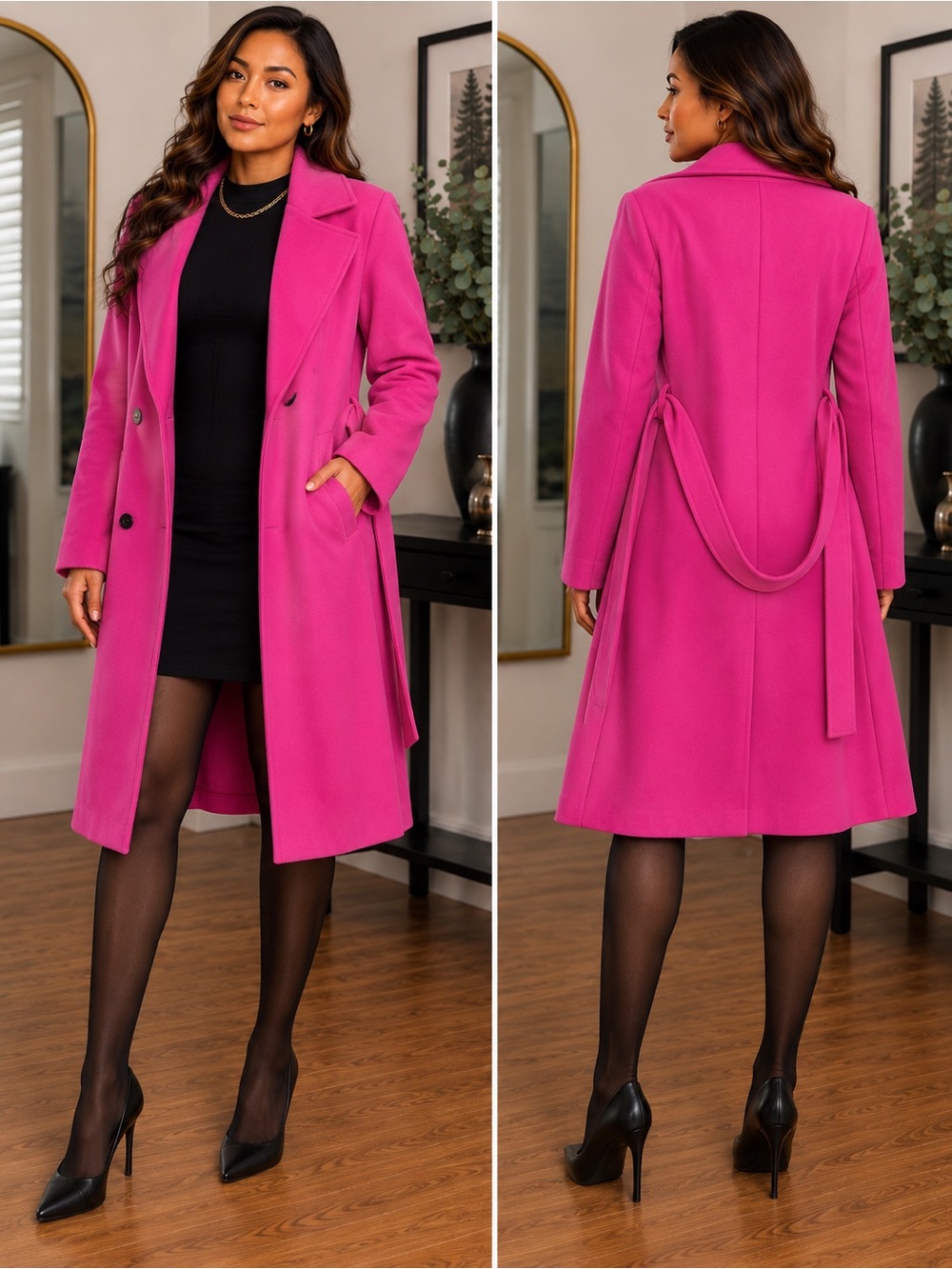 Double-Breasted Belted Trench Coat in Bright Pink